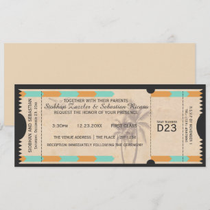 Orange Teal Palm Tree Boarding Pass Wedding Ticket Invitation