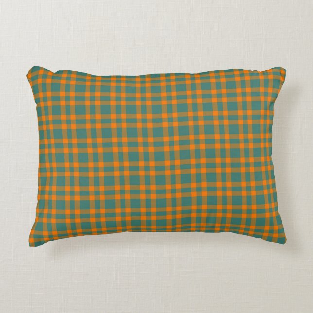 Orange Teal Plaid Pattern Accent Pillow (Front)