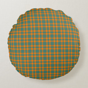 Orange Teal Plaid Pattern Round Pillow