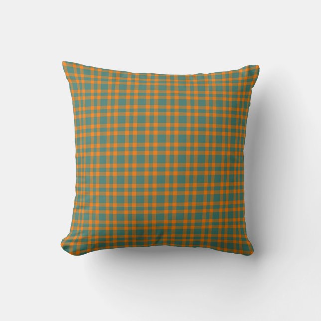Orange Teal Plaid Pattern Throw Pillow (Front)