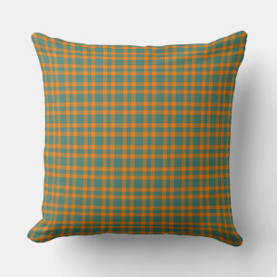Orange Teal Plaid Pattern Throw Pillow