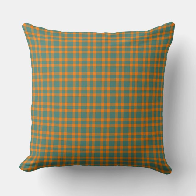 Orange Teal Plaid Pattern Throw Pillow (Front)