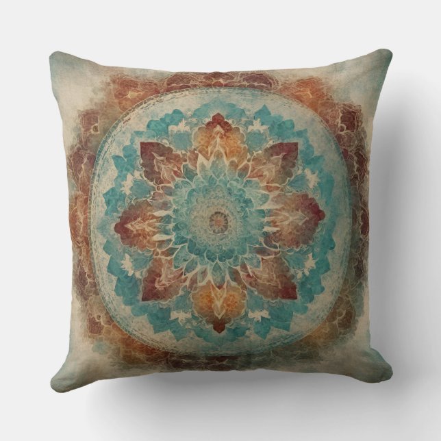 Orange Teal Red Mandala Print Throw Pillow (Back)