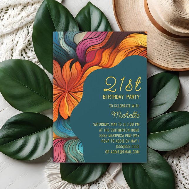Orange Teal Retro Psychedelic Curves Birthday Invitation (Orange, teal retro psychadelic curves 21st birthday party invitation)