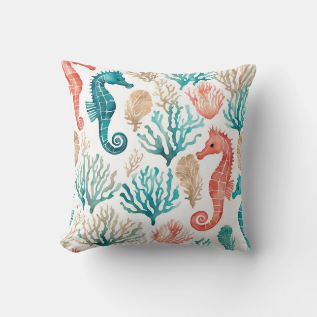 Orange Teal Seahorse Beachy Ocean Sealife Throw Pillow (Front)