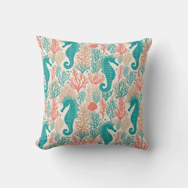 Orange Teal Seahorse Beachy Sealife Pattern Throw Pillow (Front)