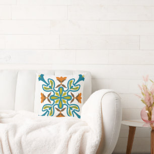 Orange Teal Square Symmetric Floral Illustration Throw Pillow