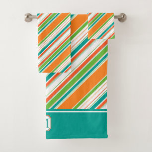 Orange Teal Stripe Monogram Bath Towel Set