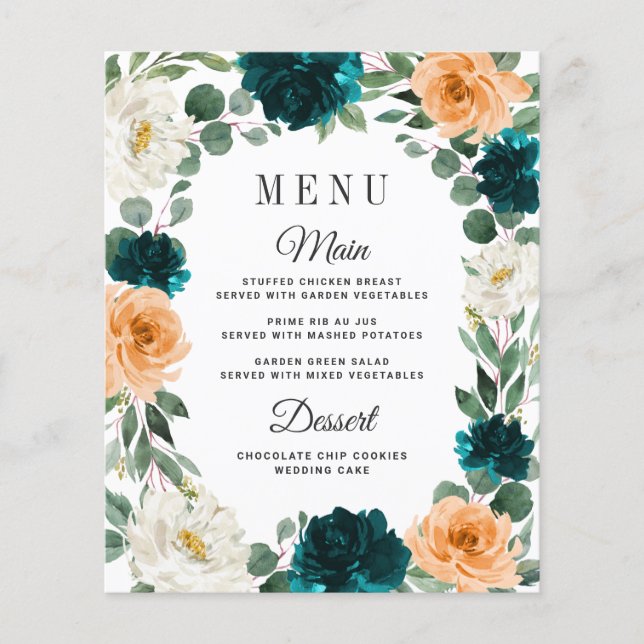 Orange Teal Turquoise Blue Boho Wedding Menu Cards (Front)