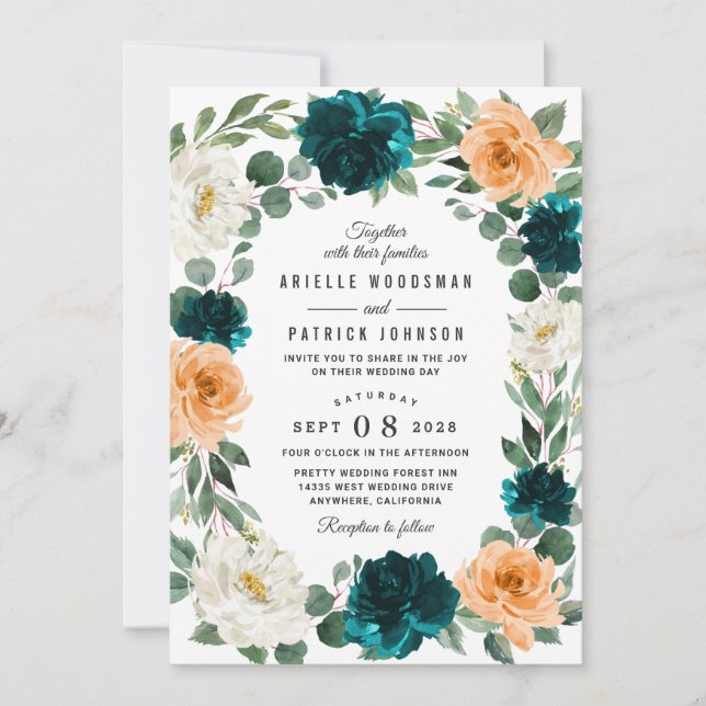 Orange Teal Turquoise Blue Elegant Floral Wedding Invitation (Front)