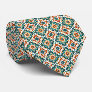 Orange, Teal & White Floral Tile Pattern Tie