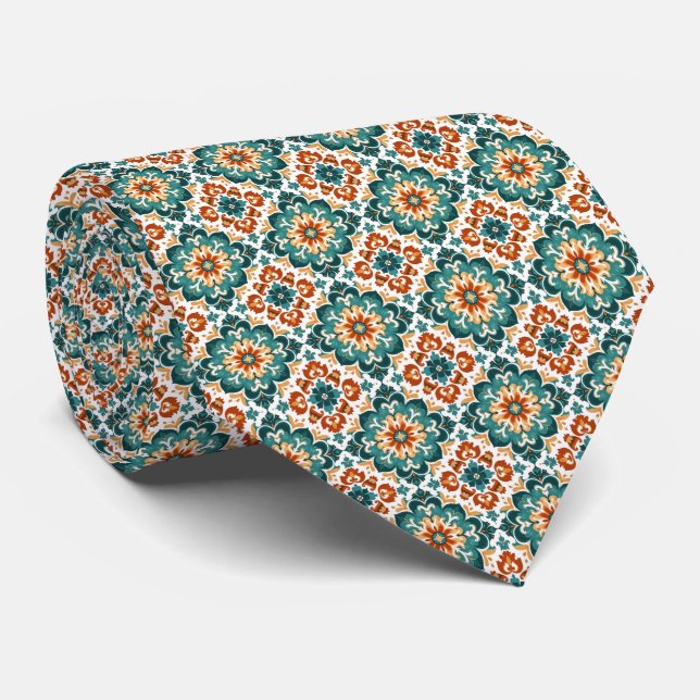 Orange, Teal & White Floral Tile Pattern Tie (Rolled)