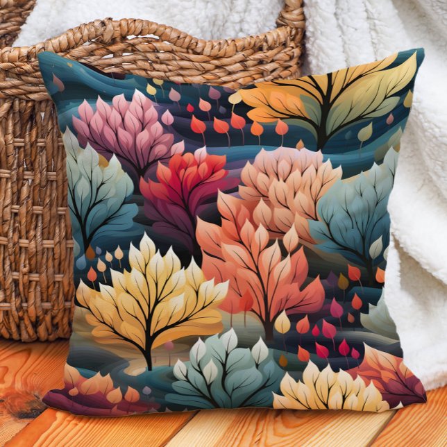 Orange Teal Yellow Trees  Throw Pillow (Teal, orange, and yellow autumn leaves pillow)