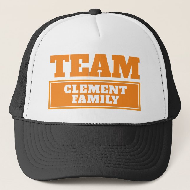 Orange team personalized team name or family name trucker hat (Front)