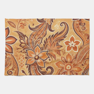 Orange Terracotta Batik Floral Boho Rustic Kitchen Towel