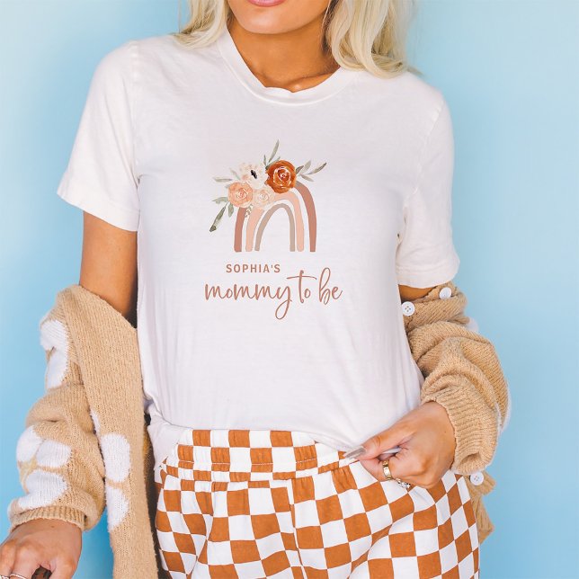 Orange Terracotta Boho | Mommy to Be Rainbow T-Shirt (A cute and boho shirt for the mommy to be, with a terracotta rainbow and flowers)