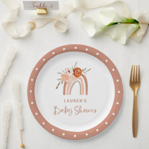 Orange Terracotta Boho Rainbow Baby Shower Paper Plate