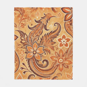 Orange Terracotta Floral Boho Batik Watercolor Fleece Blanket