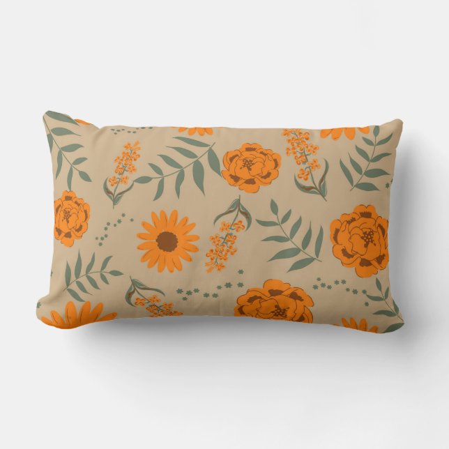 Orange Terracotta Floral Boho Botanical Lumbar Pillow (Front)