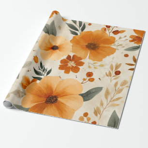 Orange Terracotta Vintage Floral Botanical Wrapping Paper