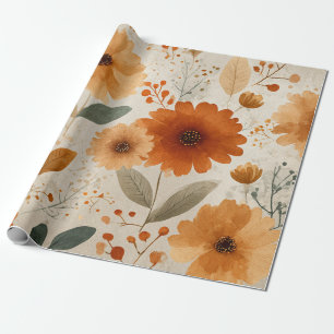 Orange Terracotta Vintage Floral Botanical Wrapping Paper