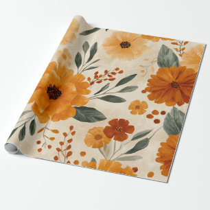 Orange Terracotta Vintage Floral Botanical Wrapping Paper