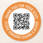 Orange Thank You Scan Me Promotional QR Code Round Paper Coaster<br><div class="desc">Promotional small business QR code coasters with an orange border and your own QR code and custom text in a curve around your QR code. Thank you for your stay promo button personalized with your QR code and custom text.</div>