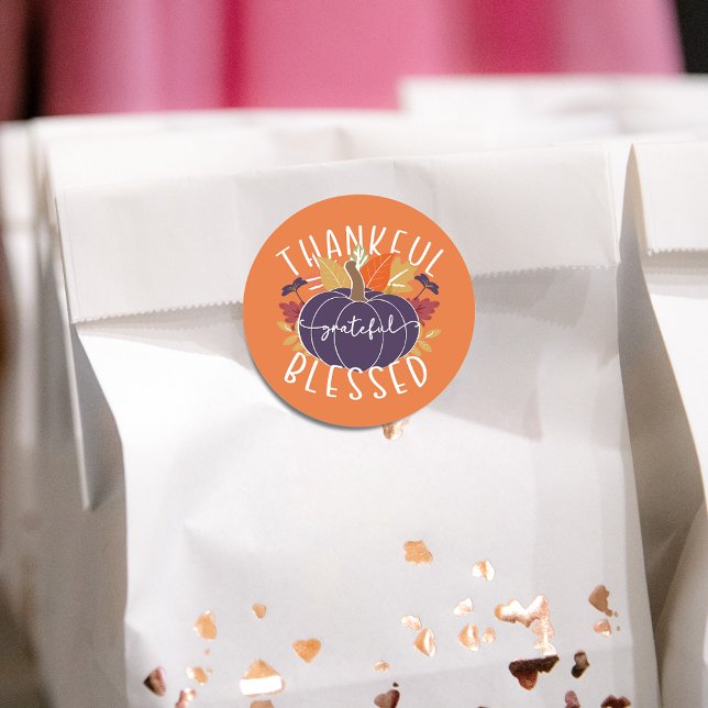 Orange Thankful Grateful Blessed Thanksgiving Fall Classic Round Sticker (Creator Uploaded)