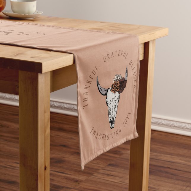 Orange Thanksgiving Gratitude Cow Skull and Roses Long Table Runner (In Situ)