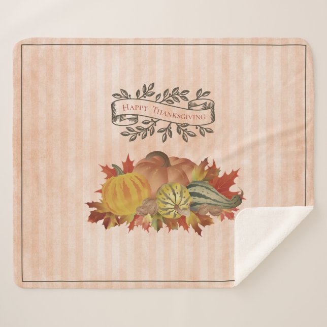 Orange Thanksgiving Pumpkins and Squash Sherpa Blanket (Front (Horizontal))