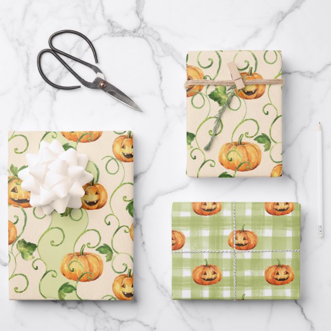 ORANGE THANKSGIVING PUMPKINS WITH GREEN LEAVES WRAPPING PAPER SHEET (Front)