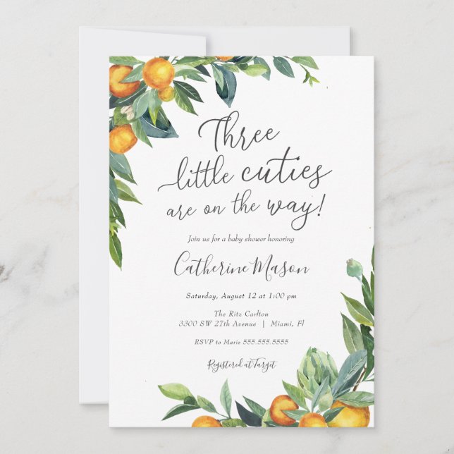 Orange Three Little Cuties Baby Shower Invitation (Front)