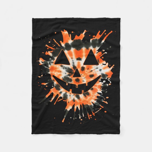 Orange Tie Dye Jack O Lantern Face - Hipe Hallowee Fleece Blanket (Front)