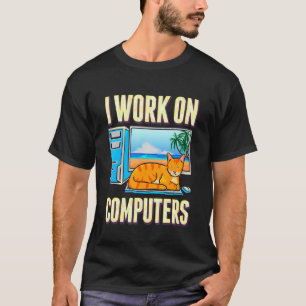 Orange Tiger Cat I Work On Computers Lazy Keyboard T-Shirt
