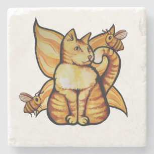 Orange tiger Fairy Cat Bees summertime kitty cats  Stone Coaster