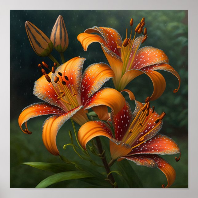 Orange Tiger Lilies Flower Art Print Poster (Front)