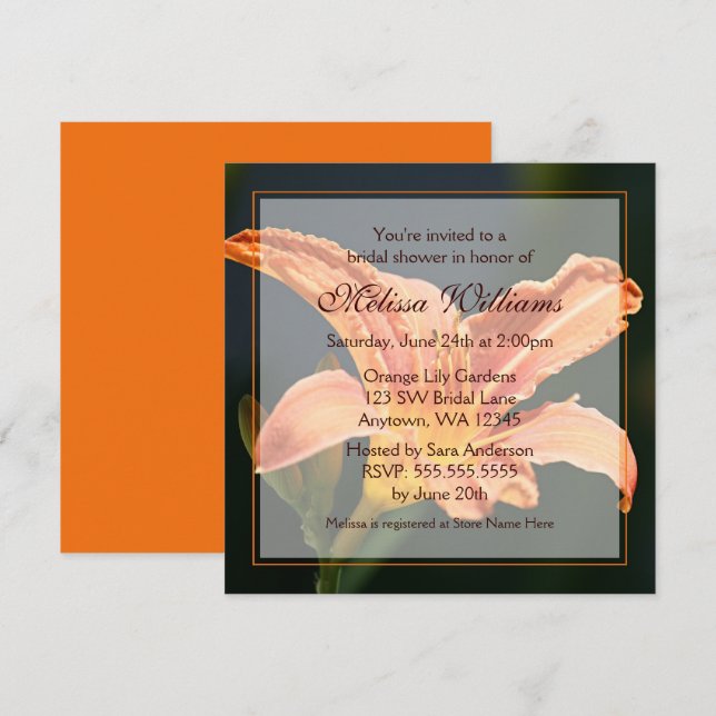 Orange Tiger Lily Bridal Shower Invitations (Front/Back)