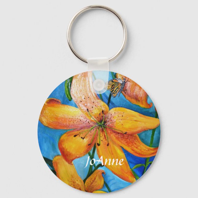 Orange Tiger Lily Floral Personalized Keychain (Front)