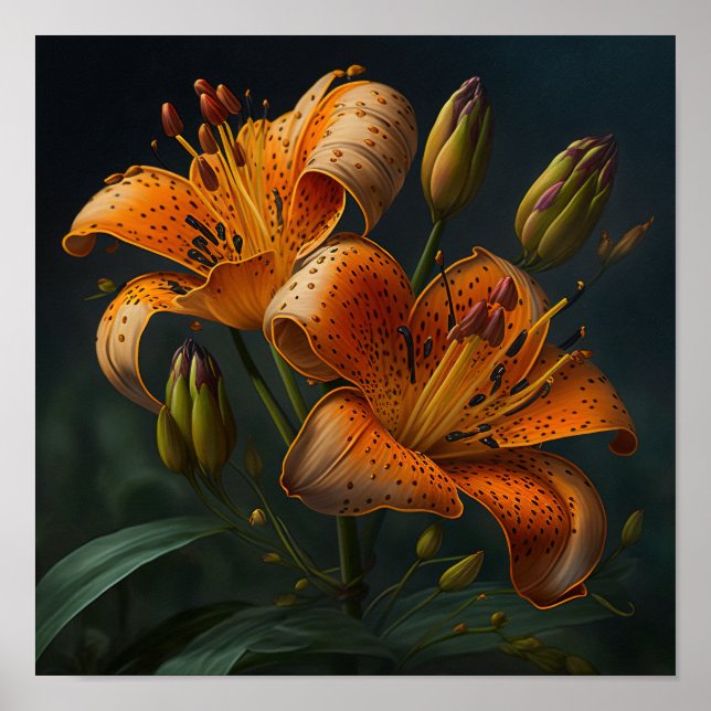 Orange Tiger Lily Flower Art Print Poster (Front)