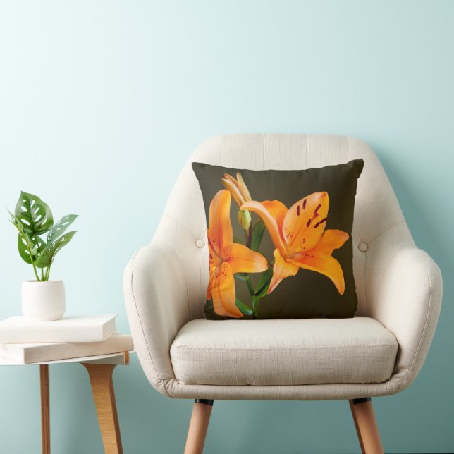 Orange Tiger Lily Flowers and Buds Close-Up Throw Pillow (Chair)