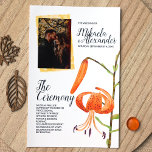 Orange Tiger Lily Wedding Ceremony Program<br><div class="desc">This orange and blue wedding program with orange tiger lilies on front and navy blue calla lilies on back is charming with matching invitations, return-address labels, and party details. Watercolor texture photo frame adds a unique touch. These paper programs are easy to personalize and transfer, and size choices are available....</div>