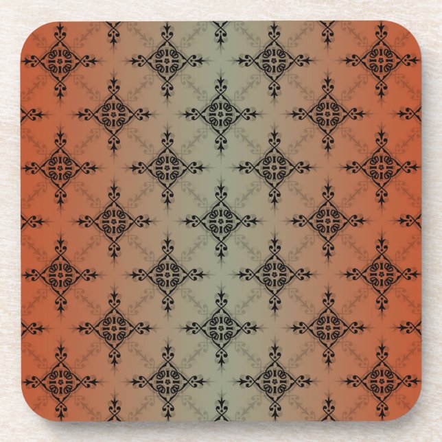 Orange to Dusty Teal Damask Pattern Coaster (Front)