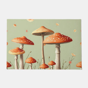 Orange Toadstool Border Light Green Cottagecore Doormat