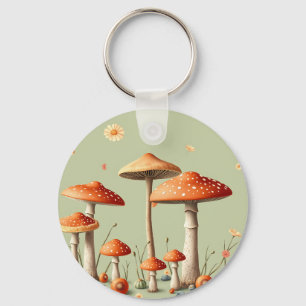 Orange Toadstool Border Light Green Cottagecore Keychain