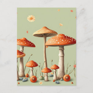 Orange Toadstool Border Light Green Cottagecore Postcard