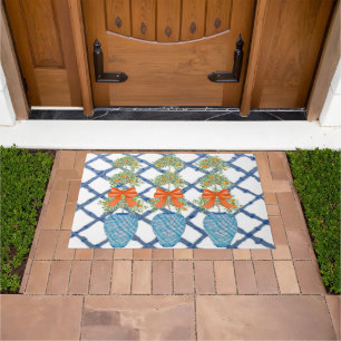 Orange Topiary  Blue Ginger Jars Doormat Welcome