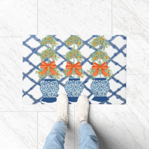 Orange Topiary  Blue Ginger Jars Doormat Welcome