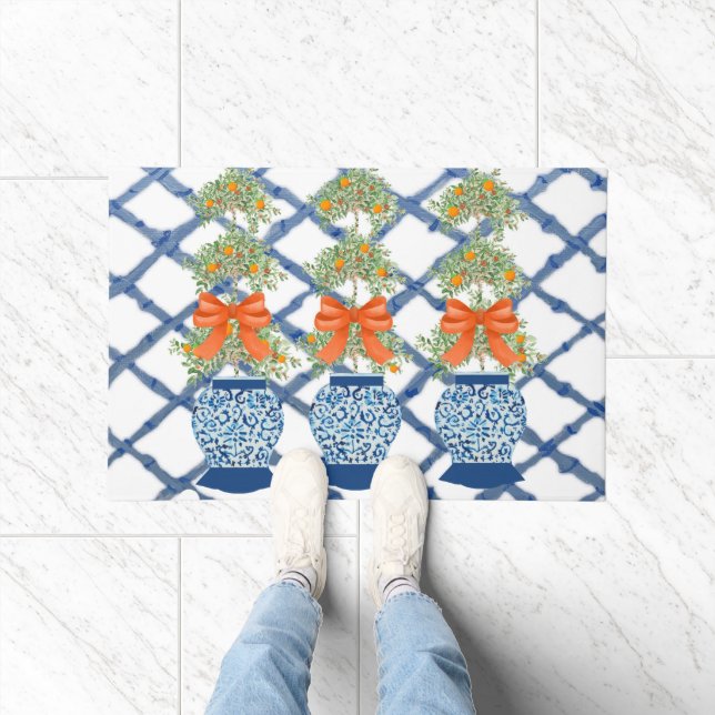 Orange Topiary  Blue Ginger Jars Doormat Welcome  (Indoor)