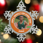 Orange Track & Field Photo High School Athlete Snowflake Pewter Christmas Ornament<br><div class="desc">This cool customized high school track team athlete photo gift features white typography of your team on a snowflake shaped Christmas ornament with a running track on an orange background. Personalize with your student's photograph and class year as a proud runner parent.</div>