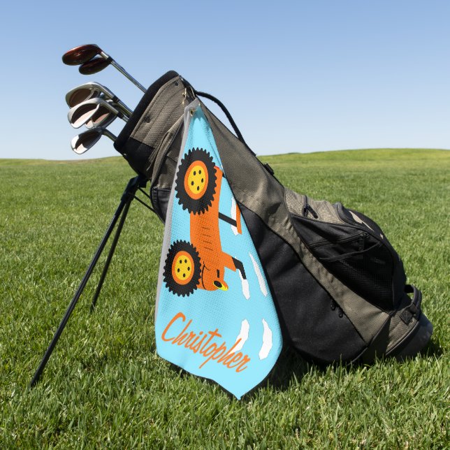 Orange Tractor Design Personalised Golf Towel (Green)